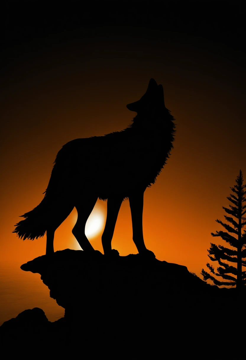 (silhouette art: 1.8), (anatomically correct), (white silhouette design of lone wolf，cliff edge silhouette，wolves howling：1.5，be...