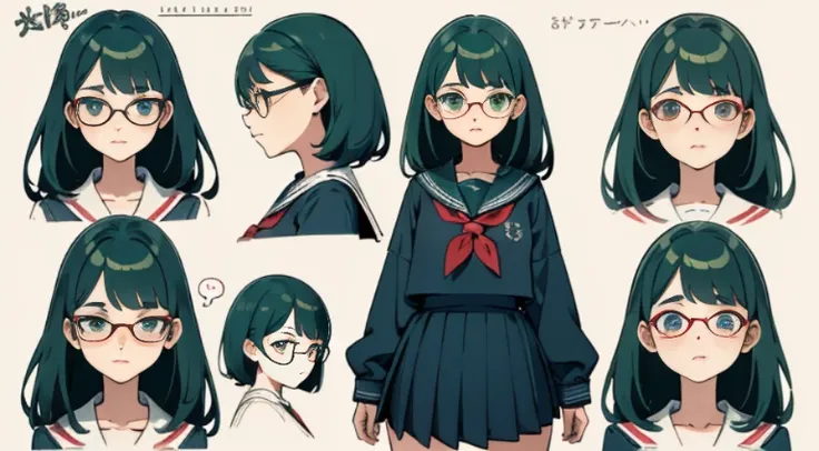 ((Masterpiece, Highest Quality)), Detailed Face, Character Sheet, full - body, Full of Details, multiple poss and expressions, Highly detailed, depth, many details, 1girl, school uniform, Seifuku, sailor uniform, long sleeves, green hair, short, flat chest...