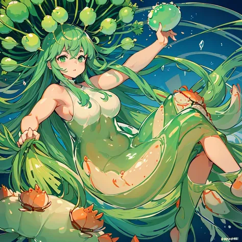 （A jelly-packing girl floats with a procession of large spring roll jelly balls.）、Amazing dynamism、Amazing Angle、unstable buoyancy sandstorm、((Many friendly oversized green onions floating and branching out))、(((surround each other&#39;bursting extra large...