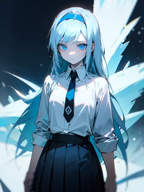 (finely detailed beautiful eyes: 1.2), ((best quality)), ((masterpiece)), (highly detailed:1.3), little girl, frost, ice crystals, cryokinesis, ice magic, darkened eyes, exhausted, emotionless, hairband, small breasts, long hair, highlighted blue hair, blu...