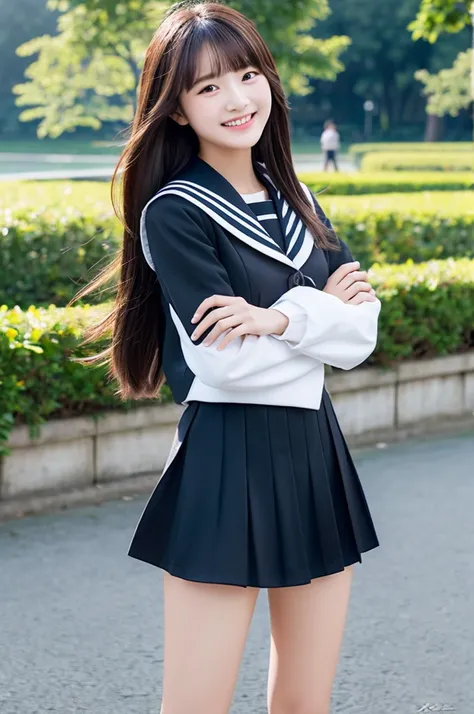 top-quality、​masterpiece、hight resolution、4K、real 18 year old woman、Black sailor suit、Pleated mini-skirt　a park、a smile、Semi-long hair、1girl in、