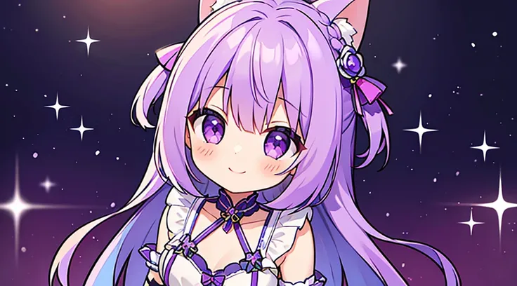 ​masterpiece, top-quality, 1girl in, shorth hair, , Purple hair、Purple eyes、Idol、cute purple dress、ハート型のkirakiraした目、a smile that charms you、kirakira.