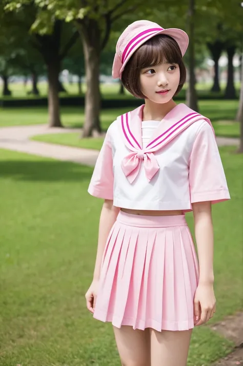 top-quality、​masterpiece、hight resolution、4K、real 18 year old woman、Pink sailor suit、Pleated mini-skirt　a park、Puku Face、Shorthair、1girl in、