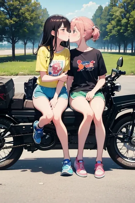 a couple of girls sitting on motorcycle saddle, a cartoon, happening, kissing together cutely, sport, animation still screencap, awwwww,dolphin shorts,