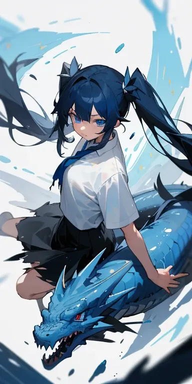 (masterpiece, best quality),1girl with long black twintail hair, blue eyes, have a blue torn, black skirt, white shirt, with big blue dragon, blue splash and sparkle