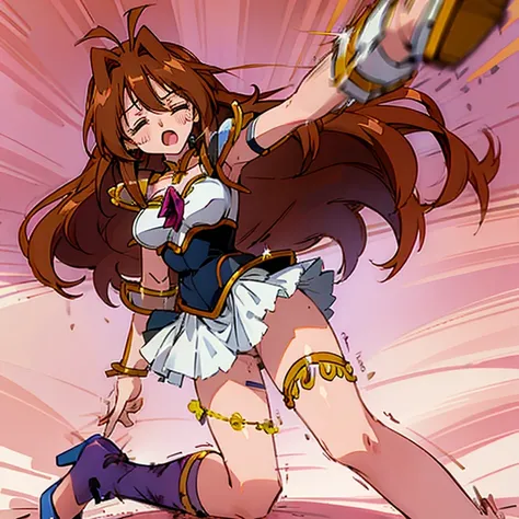 after sex, masterpeace,high quality,Yuri_Tanima, 1girl, big breast, solo, long hair,brown hair, jewelry, pleated skirt, miniskirt, armor, high heels, bracelet,  white skirt, shoulder armor, pauldrons, thighlet, open mouth, moaning, pain, suffering, struggl...