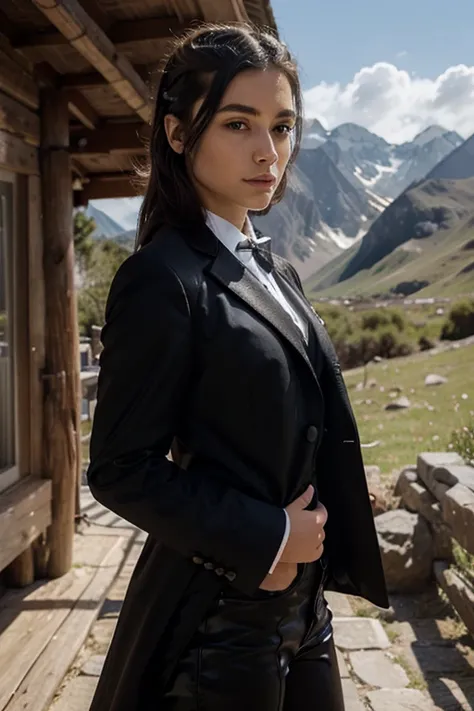 Draw a  sketch of the character in this painting, with a mountainous background, wearing a tailcoat, glossy skin, cool hairstyle, 4K quality, and looking young.