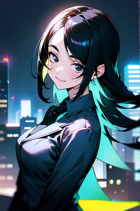 black hair, ((hair tucked behind ear)), forehead, ((long side bangs)), medium length hair, light freckles, woman, ((black eyes)), suit and tie, (neon blue city), smiling