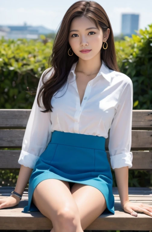 Japan Women、Womens Suits、Tight mini skirt (High color saturation:1.0), sit on a bench、 (highlydetailed skin), (Best Quality:1.0), Show panties(超A high resolution:1.0) ,(photographrealistic:1.0), (ultra-detailliert:1.0), (8K, Raw photo:1.1), (Smile:0.7)