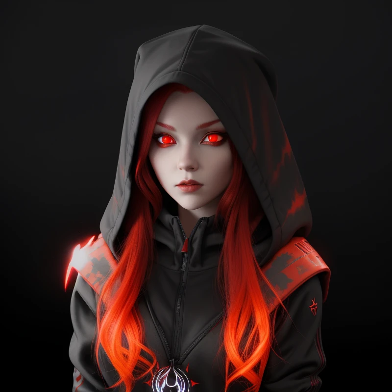 a woman with red hair and a hoodie is standing in front of a black background, with glowing red eyes, with red glowing eyes, glowing ember eyes, glowing red eyes, dark witch character, beautiful necromancer girl, beautiful girl necromancer, glowing fiery r...