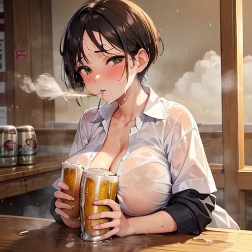 NSFW,Office Worker,The shirt,no-bra,Dressing,short-hair,smelly stockings,izakaya,Private,(((drinking beer))),(((Amazing sweat))),(((sodden))),(((steam))),(((stink))),(((drunk))),(((A delightful)))