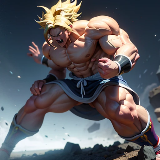 Realistische 3D-Rendering von Goku Super Saiyajin, Umgeben von Blitzen, large muscles, Ganzkörperfotografie, hyperrealistisch, bare feet, Ripping clothes, Maximum muscles