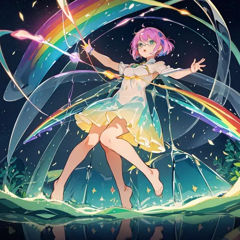 Colored cellophane girl surrounded by firefly squid jelly、Amazing dynamism、Amazing Angle、A sandstorm of enormous buoyancy and luster、Glowing condensation、((((A lot of friendly large prism lenses float in a row and tickle each other, staring at each other a...