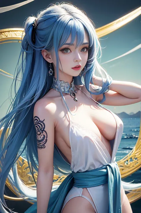 Ultra-high definition 3D art, Realistic warmth with 2D animation style, close-up (1 woman), hair dye light blue beauty, In addition to the delicately depicted tattoos all over the body,, Horizon light stacked in landscape mode, Reminds me of CGSCOSITY&#39;...