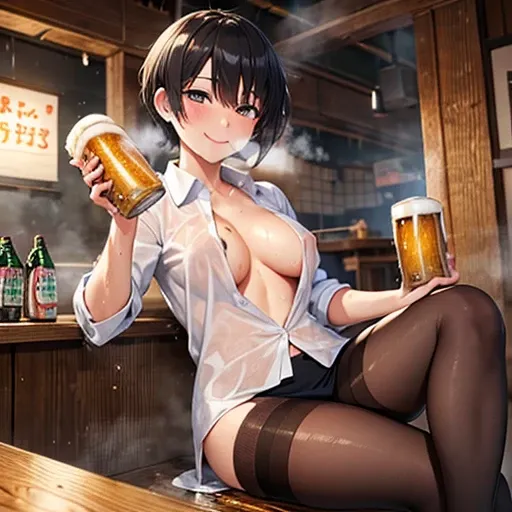 NSFW,Office Worker,The shirt,Dressing,short-hair,smelly stockings,izakaya,Private,(((drinking beer))),(((perspiring))),(((sodden))),(((steam))),(((drunk))),(((a smile)))