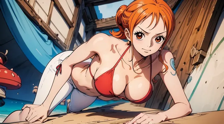 An Arafe woman wears a bikini top and red super miniskirt, nami one piece, uma obra-prima , Retrato bonito de Nami, nami from one piece,Nami em super minissaia vermelha, arte de anime digital detalhada, Cute Exirobat showing white pants, Muito detalhado Ar...