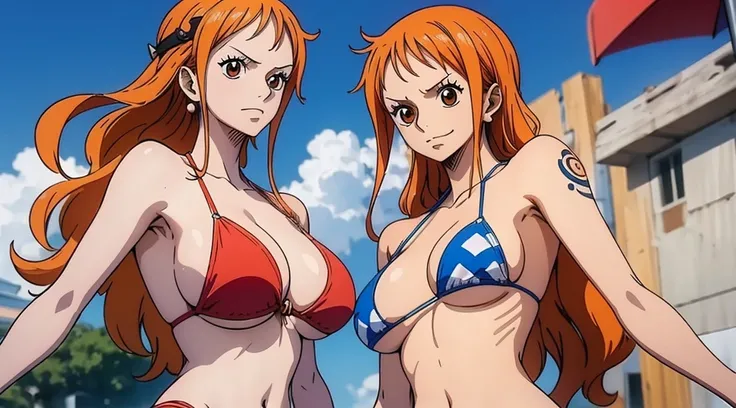 An Arafe woman wears a bikini top and red super miniskirt, nami one piece, uma obra-prima , Retrato bonito de Nami, nami from one piece,Nami em super minissaia vermelha, arte de anime digital detalhada, Cute Exirobat showing white pants, Muito detalhado Ar...