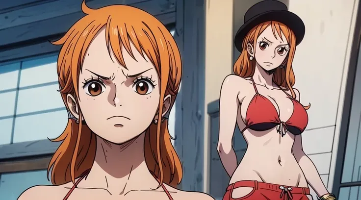 An Arafe woman wears a bikini top and red super miniskirt, nami one piece, uma obra-prima , Retrato bonito de Nami, nami from one piece,Nami em super minissaia vermelha, arte de anime digital detalhada, Cute Exirobat showing white pants, Muito detalhado Ar...