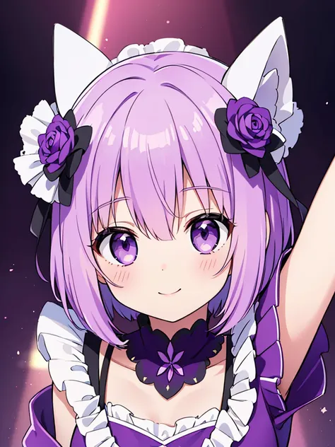 ​masterpiece, top-quality, 1girl in, short hair, , purple hair、purple eyes、idol type、cute purple dress、ハート型のkirakiraした目、a smile ...