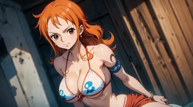 An Arafe woman wears a bikini top and red super miniskirt, nami one piece, uma obra-prima , Retrato bonito de Nami, nami from one piece,Nami em super minissaia vermelha, arte de anime digital detalhada, Cute Exirobat showing white pants, Muito detalhado Ar...