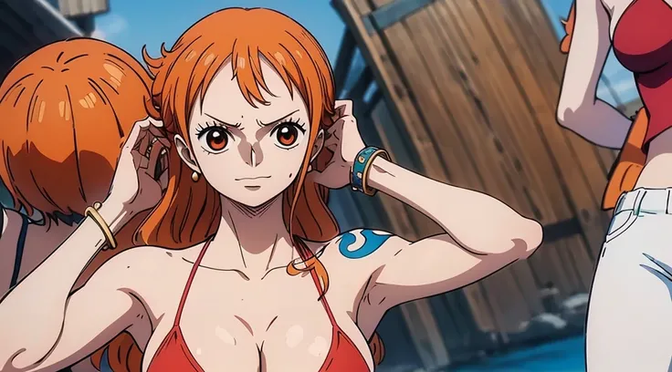 An Arafe woman wears a bikini top and red super miniskirt, nami one piece, uma obra-prima , Retrato bonito de Nami, nami from one piece,Nami em super minissaia vermelha, arte de anime digital detalhada, Cute Exirobat showing white pants, Muito detalhado Ar...