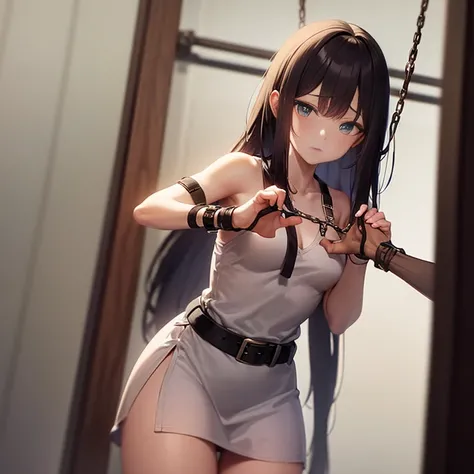 ((masterpiece)), ((best quality)), (ultra-detailed), NSFW, ((torture chamber)),a cute girl, 1girl, solo, (white mini tanktop dress),(chain bound arms), (both hands are bound and is hung from the ceiling),bdsm,shibari,restrained,((thin waist)),(((single bel...