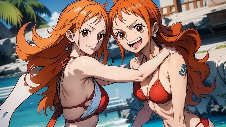 An Arafe woman wears a bikini top and red super miniskirt, nami one piece, uma obra-prima , Retrato bonito de Nami, nami from one piece,Nami em super minissaia vermelha, arte de anime digital detalhada, Cute Exirobat showing white pants, Muito detalhado Ar...