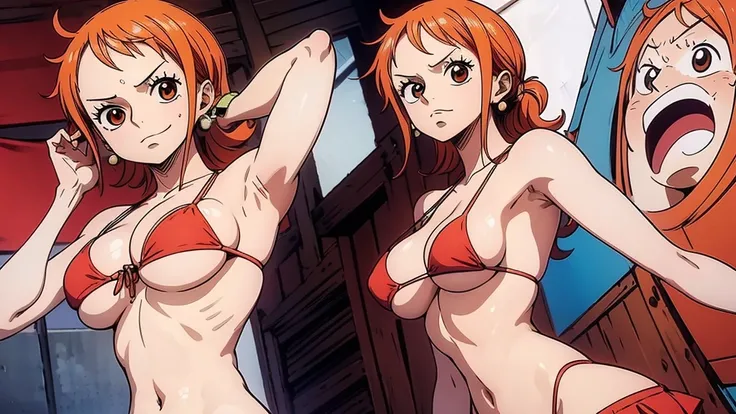 An Arafe woman wears a bikini top and red super miniskirt, nami one piece, uma obra-prima , Retrato bonito de Nami, nami from one piece,Nami em super minissaia vermelha, arte de anime digital detalhada, Cute Exirobat showing white pants, Muito detalhado Ar...