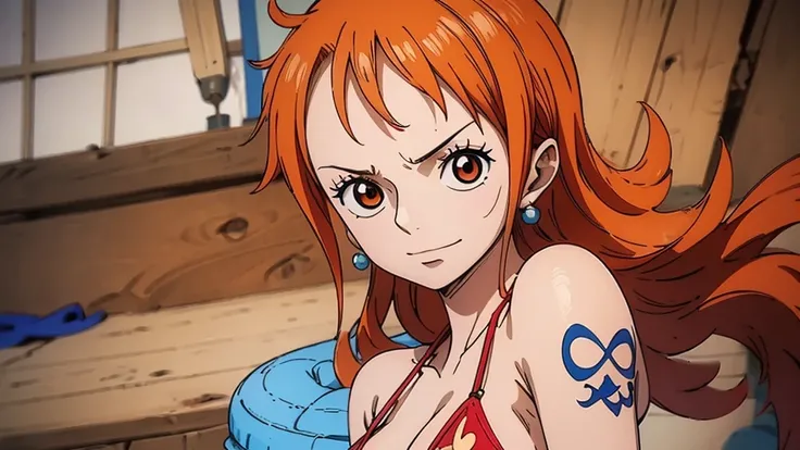 An Arafe woman wears a bikini top and red super miniskirt, nami one piece, uma obra-prima , Retrato bonito de Nami, nami from one piece,Nami em super minissaia vermelha, arte de anime digital detalhada, Cute Exirobat showing white pants, Muito detalhado Ar...