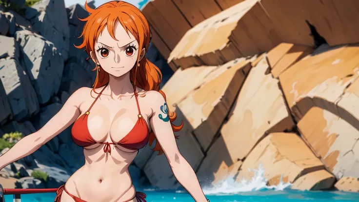 An Arafe woman wears a bikini top and red super miniskirt, nami one piece, uma obra-prima , Retrato bonito de Nami, nami from one piece,Nami em super minissaia vermelha, arte de anime digital detalhada, Cute Exirobat showing white pants, Muito detalhado Ar...