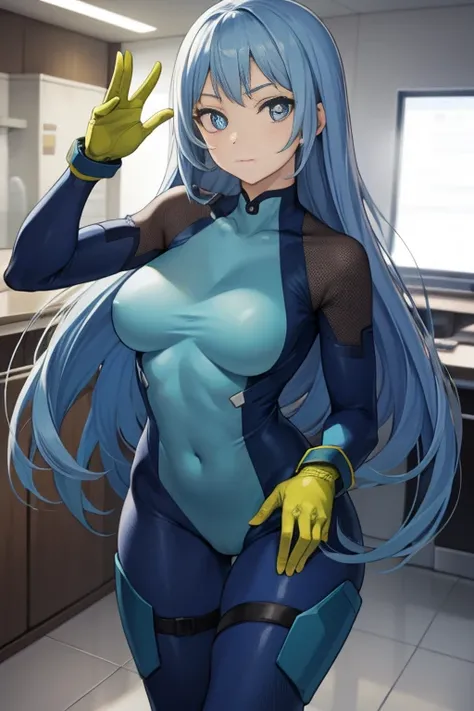 Nejirehadu, Nejire Wave, blue eyes, Blue hair, Long hair,
BREAK blue body suit, body suit, Drill Hair, gloves, green body suit, multicolored body suit, multicolored clothes, yellow gloves,
BREAK looking at viewer, Full body,
BREAK indoors, crass room,
BREA...