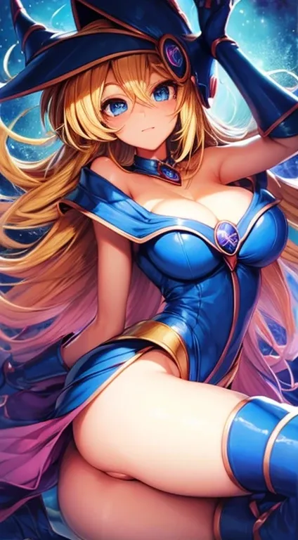 Masterpiece, ultra quality, absurdres, highly detailed face, perfect body, perfect anatomy, expressive eyes, beautiful eyes, dark magician girl, blue eyes, blonde hair, hat, boots, medium breasts, cleavage, perfect hands, beautiful hands, floating in the a...