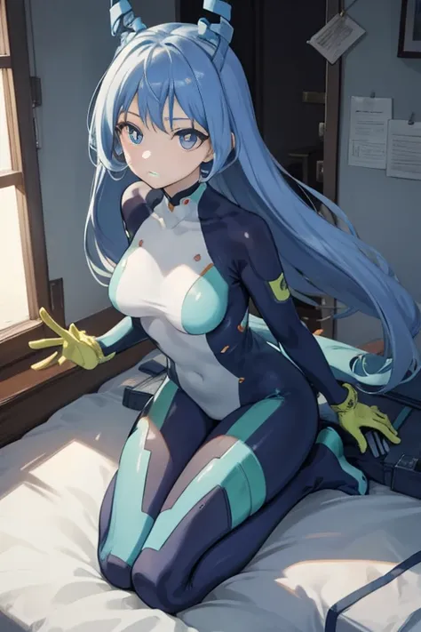 Nejirehadu, Nejire Wave, blue eyes, Blue hair, Long hair,
BREAK blue body suit, body suit, Drill Hair, gloves, green body suit, multicolored body suit, multicolored clothes, yellow gloves,
BREAK looking at viewer, Full body,
BREAK indoors, crass room,
BREA...