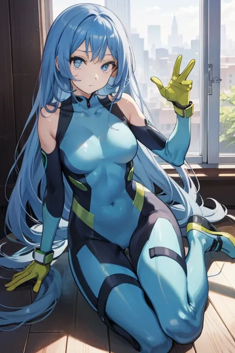 Nejirehadu, Nejire Wave, blue eyes, Blue hair, Long hair,
BREAK blue body suit, body suit, Drill Hair, gloves, green body suit, multicolored body suit, multicolored clothes, yellow gloves,
BREAK looking at viewer, Full body,
BREAK indoors, crass room,
BREA...