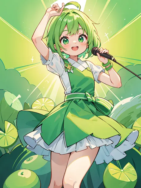 ​masterpiece, top-quality, 1girl in, short hair, , light green hair、eyes emerald green、idol type、cute lime green dress、ハート型のkirakiraした目、a smile that charms you、Hold the microphone with both hands、kirakira.