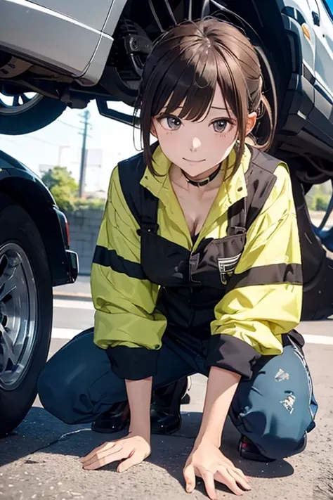 (8K), (best quality), (masutepiece: 1.2)　(((Repair shop)))　A woman working by crawling under a car　((Workwear))