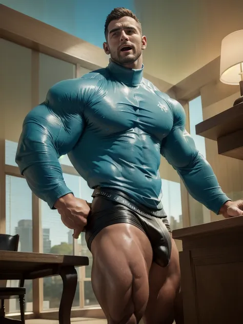 Muscular male security guard with open mouth，Chris Redfield，Wear a long-sleeved turtleneck sweater，expression sad，He frowned aggrievedly。。。。。。。。gem-like eyes，Tall, Burly and strong，Thick thighs，He was in the living room of a luxury villa，Luxurious warmth i...