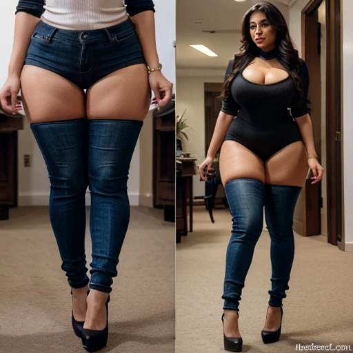 (masterpiece), best quality, expressive eyes, perfect face, cute, 40 year old busty indian aunty, wearing tight jeans, black heels, thigh high socks, curvy, thick, hourglass figure