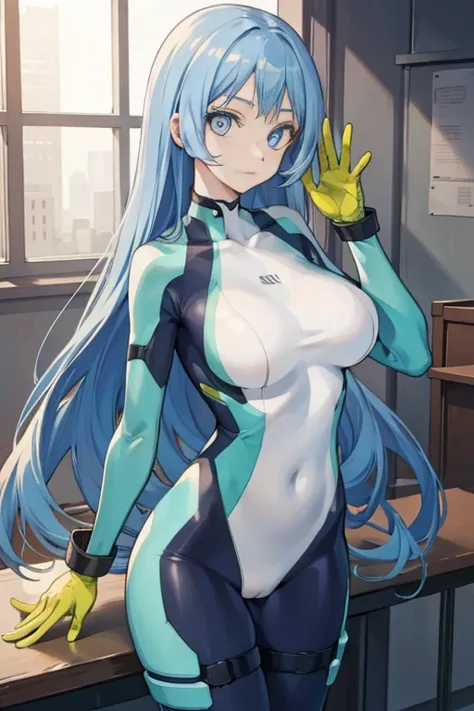 Nejirehadu, Nejire Wave, blue eyes, blue hair, Long hair,
BREAK blue body suit, body suit, Drill Hair, gloves, green body suit, multicolored body suit, multicolored clothes, yellow gloves,
BREAK looking at viewer, whole body,
BREAK indoors, classroom,
BREA...