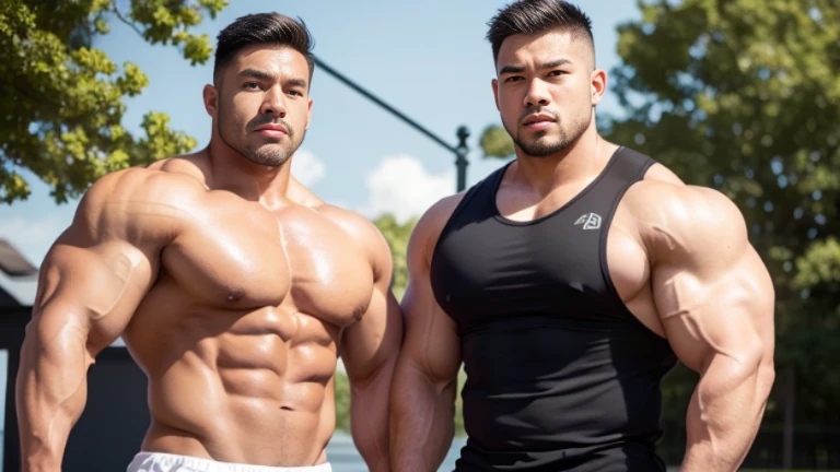 (Very detailed 8k wallpaper), two asian men, muscle worship, arms folded, On the playground, high detailing, buzzcut, very large and strong body, bulging muscles, well-muscled, very large pectoral muscles. Very sexy abs, legs are well-muscledの, Toned figur...