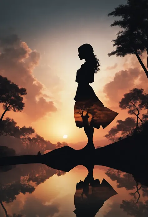 silhouette art of 1girl, multiple exposure, sunset, enhance, intricate, (best quality, masterpiece, representative work, officia...