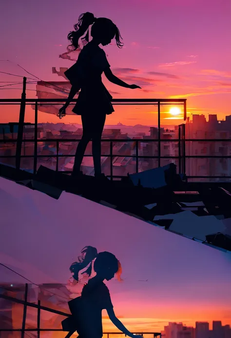 Silhouette Art of 1girl, multiple exposure, on the roof, [sunset | night], enhance, intricate, (best quality, masterpiece, Representative work, official art, Professional, unity 8k wallpaper:1.3)