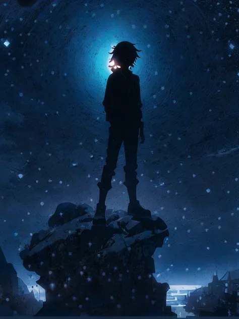 (silhouette art: 1.8), (anatomically correct), (Anime boy standing on a rock looking at the sky full of stars), (The is very detailed, Well designed, Clear lines, k hd, Best quality at best, tmasterpiece, offcial art, movie light effect, 8K)