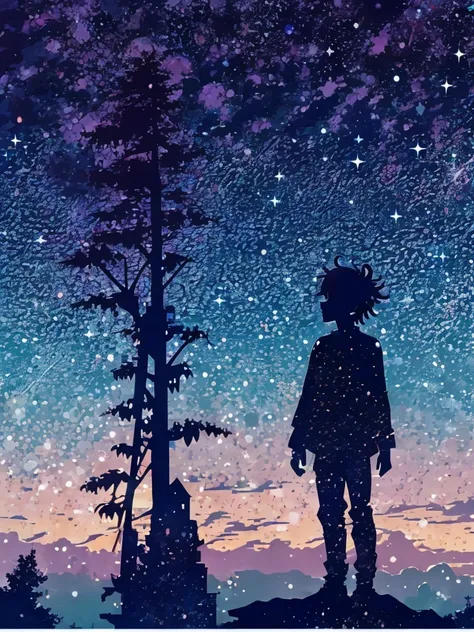 (silhouette art: 1.8), (anatomically correct), (Anime boy standing on a rock looking at the sky full of stars), (The is very detailed, Well designed, Clear lines, k hd, Best quality at best, tmasterpiece, offcial art, movie light effect, 8K)