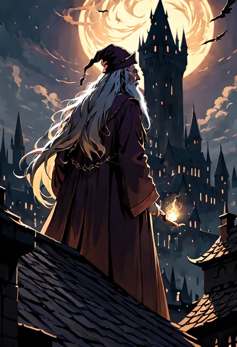 Dumbledore from Harry Potter, Silhouette Art, on the roof, enhance, intricate, (best quality, masterpiece, Representative work, official art, Professional, unity 8k wallpaper:1.3)