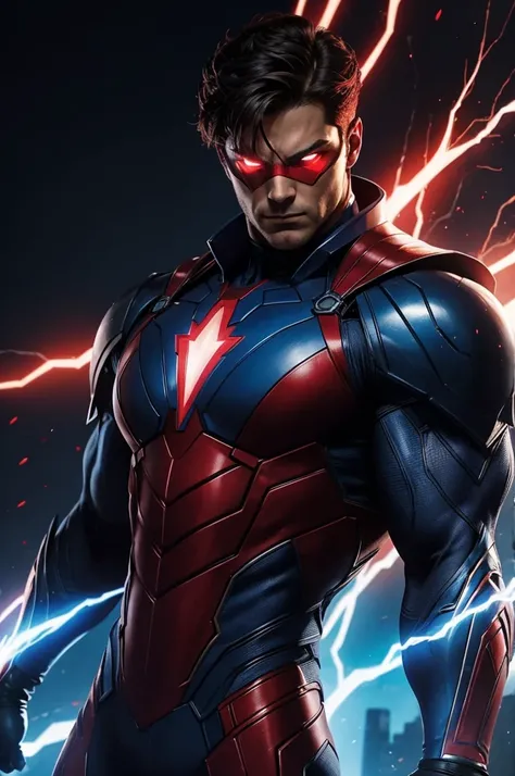 The image features a male superhero with a muscular build, clad in a suit that predominantly showcases blue and red hues. The superhero has red eyes, and the suit includes red detailing that can be seen on the collar and perhaps the shoulder straps. His po...