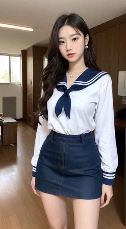 A female student wearing a short skirt and a sailor suit with her skirt rolled up and disheveled., , surreal high school girl, in a white shirt, Hot with shining sun, A woman with the same face as last time，４Ｋ、１Man Woman、slender、 Loose wavy styling 、,Open ...