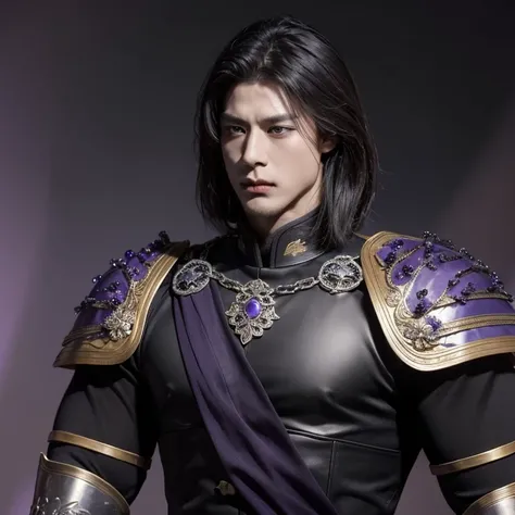 A Majestic young emperor with a Short Obsidian-Purplish hair, wearing a shining black armor and has A very very muscular figure, he has a serious expression on his face