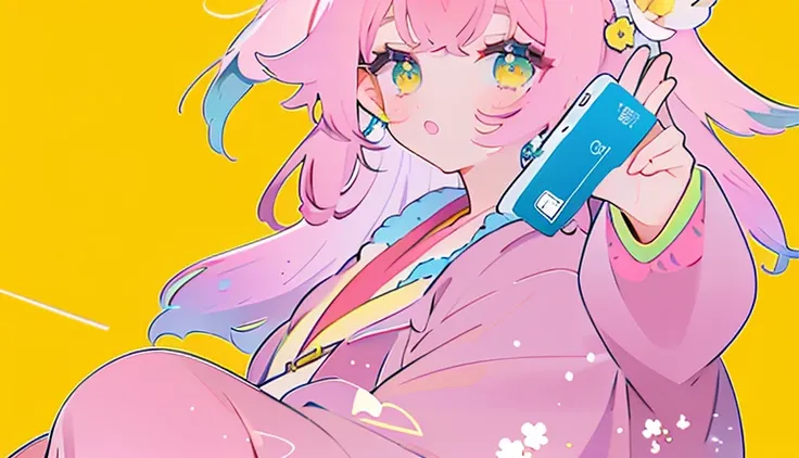 Anime drawing of a woman, holding a cell phone to her ear, clean anime outlines, anime pose, author Naka Bokunen, perfect linear, in a flower, tsyetnoy, yellow background