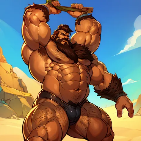 A brown skinned very huge muscular hairy man with hairy chest hairy body so much hairy wearing very tight speedo and a mexican hat and has hairy legs and show him barefoot in overwatch style as overwatch character while raising his arm high showing his arm...